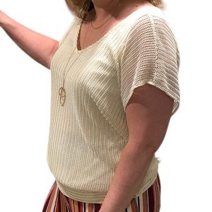 AGB Blouse Top Size Large Open Knit Lined V-Neck Waistband Gold Ivory Retro